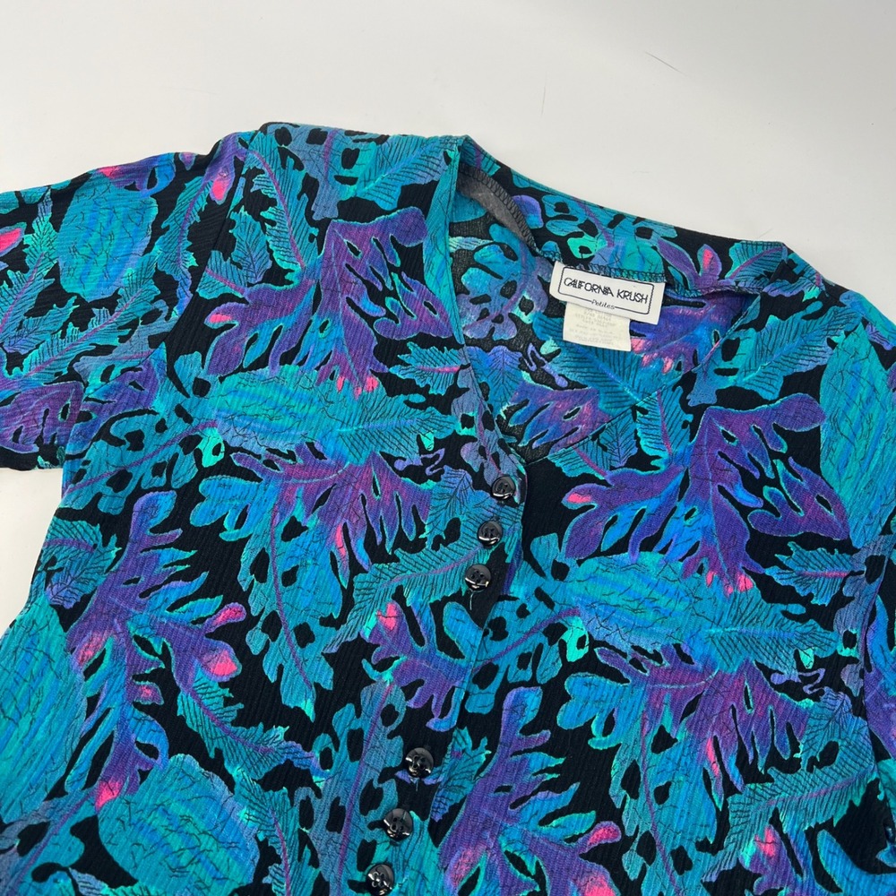 Vintage 90s California Krush Rayon Blouse Petite Tropical Floral Made USA Teal